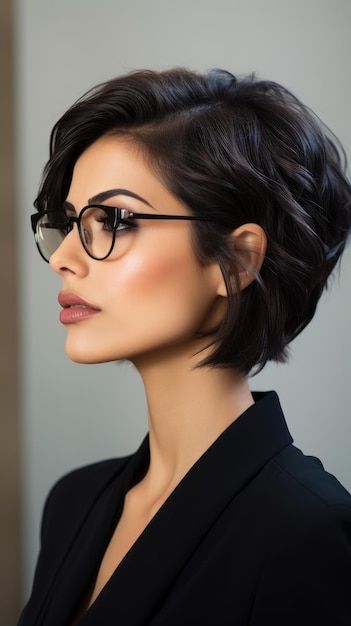 Femme Portant Des Lunettes Cheveux Raide... | Premium Photo #Freepik #photo #cheveux-courts #examen-vue #lunettes-vue #modele-lunettes Behind The Ear Hairstyles Short, Earlobe Length Bob, White Women With Black Hair, Short Bob Hairstyles For Straight Hair, Short Hairstyle Women Styling, Short Haircut Long Bangs, 90s Short Hair Bob, Super Short Hair Women, Stylish Pixie Haircut