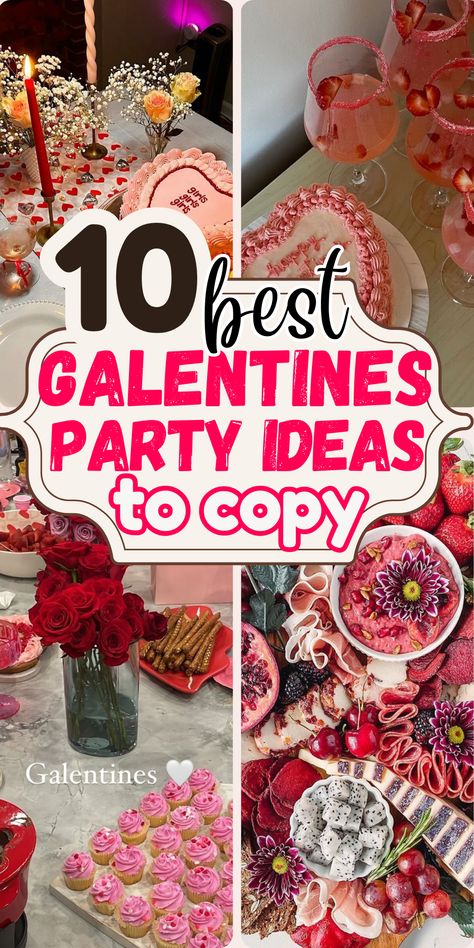 Celebrate friendship in style with these fun and aesthetic Galentine's party ideas! 💕✨ From chic party decor and tablescapes to brunch, dinner party, or sleepover themes, there’s something for every vibe. Plan a girls' night with creative cocktails, party food ideas, and games, or host a cozy movie night or picnic. Don’t forget the perfect invitations, photoshoot moments, and outfits! Click now for the ultimate Galentine’s party inspiration! Galentines Party Taco Bar, Girlfriend Get Together Ideas, Book Club Valentines Day, Galentines Hosting Ideas, Galentines Party Cocktails, Galentines Brunch Aesthetic, Galentines Party Teen, Cozy Valentines Aesthetic, Mother Daughter Galentines Party