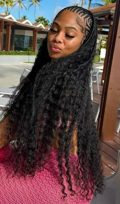 Two Braids In Front With Curly Hair Down, Cornrows In The Front Curls In The Back, Cornrows With Sew In Weave, Lemonade Braids To The Side, Half Sewin Half Braids, Braids In The Front Curls In The Back, Fulani Quick Weave, Zoe Spencer, Regular Hairstyles