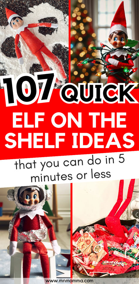 best elf on the shelf ideas for toddlers and big kids with image of elf doing funny things like making a snow angel in flour, laying in bed, holding a letter board, and riding in a barbie car Elf On The Shelf Ideas Out Of Reach, Funny Toddler Elf On The Shelf, Easy Ideas For Elf On The Shelf, Elf Ideas Easy Funny Toddlers, Toddler Elf On Shelf Ideas, Elf In Kids Bedroom, Elf On The Shelf Toothbrush Ideas, Big Elf Ideas, Elf On The Shelf Ideas For Kids Funny