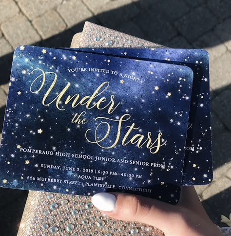 Under The Stars Prom Invitations, Moon And Stars Prom Theme, Midnight Debut Theme, 18th Blue Theme, A Night Of A Thousand Lights Prom Theme, Sweet 16 Galaxy Theme, Under The Stars Banquet Theme, Sweet 16 Galaxy Theme Party Ideas, Written In The Stars Party Theme