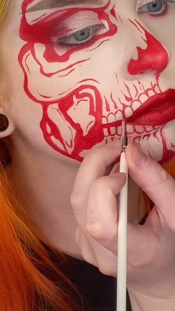 Leah Sapp on Instagram: "Here’s a super mini tutorial of this sparkly skull makeup look! The first tutorial I’ve filmed in my new set up 😭 let me know what you think! . Inspired by @melllani_ ❤️ . Contacts: @myeyebb_official blind red (use code “Sapp” for 20% off!) . Makeup details- Eyes: @profusion rituals palette (use code “sapplesauce666” for 20% off!$) @nyxcosmetics epic ink liner @tatti_lashes evolution lashes . Lips: @aboutfacebeauty matte fluid eye paint in scream of consciousness . Face Red Skeleton Makeup, Red Skull Makeup, Halloween Eye Contacts, Skull Makeup Look, Skull Face Painting, Skull Makeup Halloween, Matte Fluid Eye Paint, Skull Makeup Tutorial, Epic Ink Liner