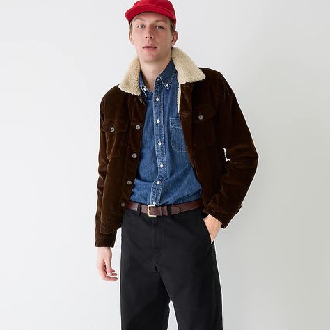 J.Crew: Wallace & Barnes Sherpa-lined Corduroy Jacket For Men Corduroy Sherpa Jacket, Jacket For Men, Sherpa Jacket, Trucker Jacket, Corduroy Jacket, Sherpa Lined, Wide Leg Denim, White Wash, Mens Coats