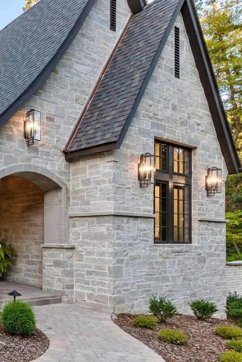 Front Door Portico, Door Portico, Garage Front Door, Stone Exterior Houses, Willow House, Stone Exterior, Natural Stone Veneer, Cottage Exterior, Brick Exterior House