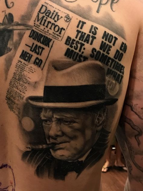 Churchill Tattoo, Winston Churchill Tattoo, Newspaper Tattoo, Abraham Lincoln Tattoo, Ww2 Tattoo Ideas, Tattoo Mafia Russian, Custom Newspaper, Eminem Portrait Tattoo, Military Memorial Tattoos