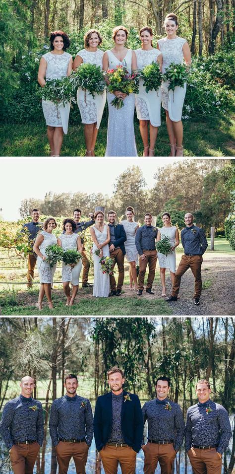 32 Bridal Party Outfit Ideas That Look Amazing Groomsmen Attire Brown Pants, Groomsman Khaki Pants, Groom Brown Pants, Groom Khaki Pants White Shirt, Carhartt Wedding Groomsmen, Casual Bridal Party Attire, Groomsmen Patterned Shirt, Groomsmen Attire Khaki Pants, Brown Pants Groomsmen