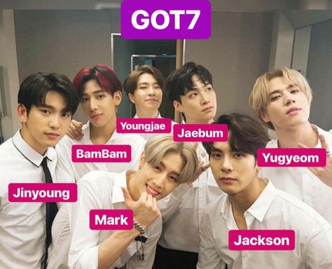 Got7 Group Photo With Names, Got7 Members Names, Got7 Names, Kpop Group Names, Kpop Bands, Asian Music, Got7 Members, Got7 Youngjae, Mark Jackson