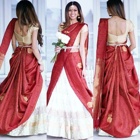 #tbt to one of my fav looks ❤ Saree Into Half Saree Draping, Saree Draped As Half Saree, Red And White Half Saree, Cancan Saree Drape, Cancan Saree, Saree Hacks, Saree Drape, Lehenga Style Saree, Lehenga Saree Design