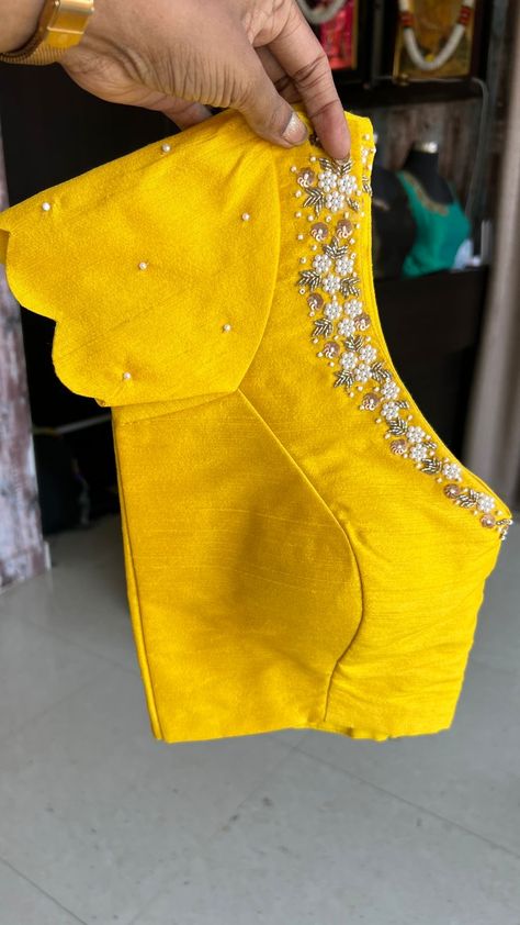 Blouse Neck Maggam Work Designs, Double Hands Blouses, Back Blouse Work Designs, Blouse Designs With Pearls, Orange Silk Blouse Designs, Pearl Work On Blouse, Are Work Blouse Designs, Pearls Maggam Work Designs, Blouse With Work Designs