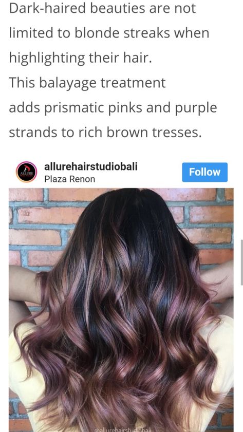 Chocolate Mauve Balayage, Mauve Balayage Brunettes, Mauve Brunette Hair, Colored Brunette Hair, Mauve Hair Balayage, Chocolate Mauve Hair Bayalage, Dark Mauve Hair, Chocolate Lilac Hair Color, Mauve Brown Hair