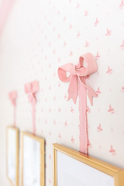 Traditional Garden Inspired Girl’s Room Reveal Grandmillennial Nursery Girl, Baby Girl Pink Bow Nursery, Bow Room Ideas, Baby Girl Nursery Pink Bows, Chinoiserie Nursery Girl Rooms, Bow Nursery Decor, Southern Nursery Girl, Bridgerton Nursery Ideas, French Baby Girl Nursery