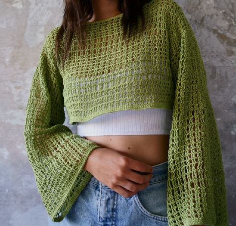 CROCHET PATTERN Lyra Mesh Crop Top pattern by Nightmoon Studio. Fun crochet project for spring and summer layering. Crop top with long wide bell sleeves. This project requires intermediate crochet skill level to complete and is made using single crochets, double crochets and treble crochets. This is a fun crochet DIY project to do at home to wear in as the weather warms up to wear on walks, or on the beach as a bikini covreup. Mesh Top Crochet Pattern, Mesh Top Crochet, Crochet Long Sleeve Tops, Top Crochet Pattern, Long Sleeve Shrug, Summer Layers, Shrug Pattern, Crop Top Pattern, Crop Pullover