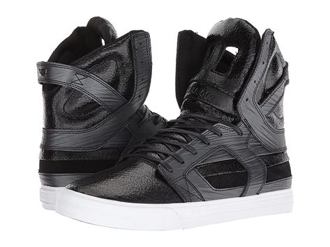 Supra Skytop II (Black/Black/White) Men's Skate Shoes. Introducing the biggest  baddest  and boldest kicks around: the Supra Skytop II. Signature shoe of Chad Muska. Clean uppers of leather or suede. Distinctive tongue design with two pull tabs. High memory polyurethane sockliner offers added heel protection. Internal neoprene sleeve for unmatched comfort  fit  and performance. SupraFoam midsole offers impact resistance  optim #Supra #Shoes #Athletic #Skate #Black White Supra, Chad Muska, Supra Skytop, Supra Shoes, Mens Skate Shoes, Puma Fierce Sneaker, Adidas Tubular Defiant, Sneakers Boots, Branded Bags