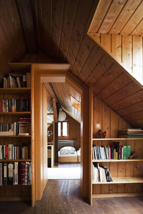 Small Attic Library Ideas and Inspiration | Hunker Attic Library Ideas, Book Reading Nook, Small Attic Ideas, Basement Game Room Ideas, Angular Architecture, Quirky House, Attic Library, Ikea Eket, Bright Paint Colors