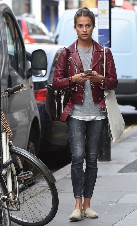 (August 27) in London, England. Wearing Acne Mock red wine leather jacket Alicia Vikander Style, Red Jacket Leather, Burgundy Leather Jacket, Leather Jacket Outfit, Hair Dark, Alicia Vikander, Leather Jacket Outfits, Jacket Outfit, Michael Fassbender