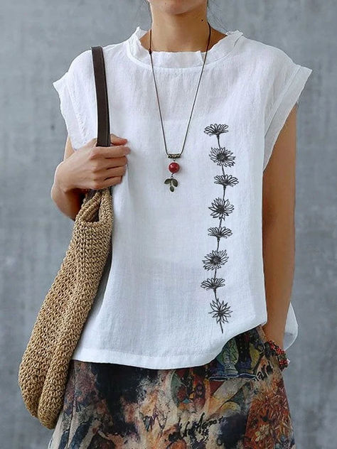 Women's Casual Elegant Floral Chain Sleeveless Cotton Shirt Casual Cotton Top, Sewing Blouses, Upcycled Clothes, Clothes Korean Style, Cotton Linen Pants, Blouse Pattern Sewing, Pretty Blouses, Sewing Embroidery Designs, Simple Trendy Outfits