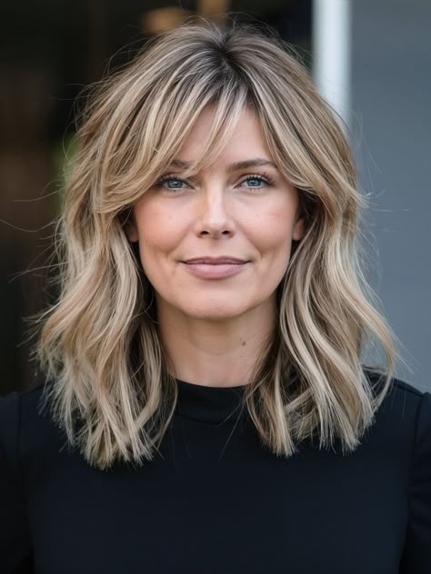 Shoulder Length Hair Blonde Layers, Shoulder Length Hair With Layers Blonde, Shoulder Length Haircut Blonde, Medium Length Hair With Wispy Bangs, Blonde Mid Length Hair With Bangs, Shoulder Length Hair With Wispy Bangs, Blonde Balayage With Bangs, Mid Length Bob With Bangs, Haircut Ideas For Fine Hair