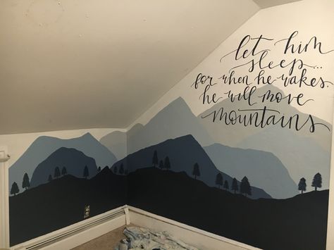 Boy Nursery Mountains, Mountain Nursery Mural Diy, Nursery With Mountain Mural, Adventure Nursery Theme, Mountain Nursery Theme, Easy Mountain Mural For Nursery, Blue Mountain Nursery Wall, Mountain Themed Nursery Bed Bath & Beyond, Adventure Theme Nursery