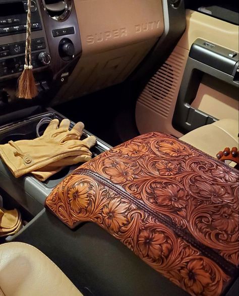 Truck Interior Accessories, Chevrolet 2500, Western Truck, Leather Goods Handmade, Western Car, Custom Leather Work, Leather Working Patterns, Leather Tooling Patterns, Tooling Patterns