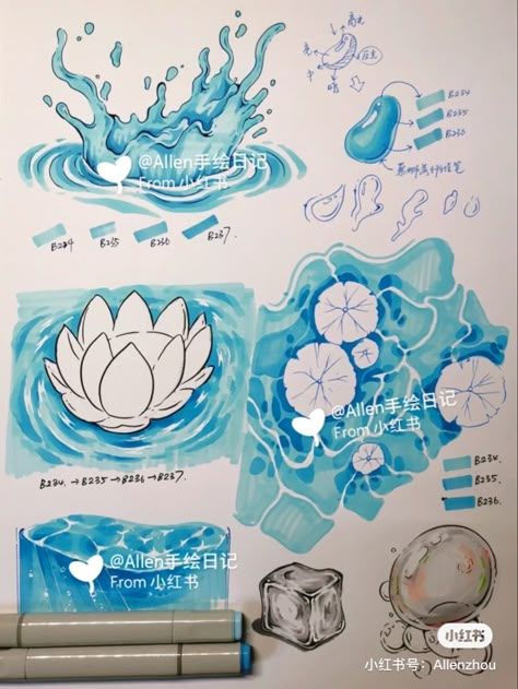 Water Rendering Tutorial, Water Markers Drawing, Ohuhu Marker Tutorials, Water Marker Drawing, How To Draw Water With Markers, How To Color Water, Water With Markers, Drawing Water Tutorial, Water Marker Art