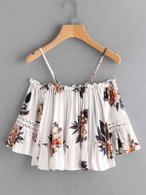 Shop Flounce Hem Open Shoulder Florals Top online. SheIn offers Flounce Hem Open Shoulder Florals Top & more to fit your fashionable needs. Pinstripe Blouse, Women Tops Online, Floral Chiffon Blouse, Crop Top Women, Off Shoulder Shirt, Flower Blouse, Off Shoulder Crop Top, Crop Top Outfits, Crop Top Shirts