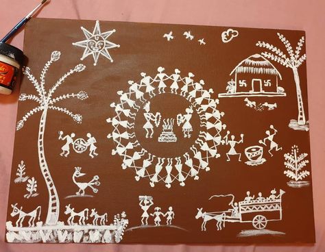 This Indian tribal art centered around mother nature and its elements.#warliart #indiantribalart #warlipaintingoncanvas #warlipainting #warliweddingscene Warli Wedding Scene, Warli Art On Canvas, Varli Painting Art, Warli Paintings, Worli Painting, Indian Motif, Warli Painting, Warli Art, Painting Board