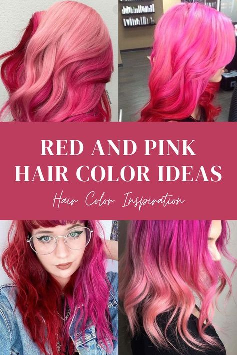 Red Hair With Pink Undertones, Red Roots Pink Ends Hair, Pink Hair With Red Tips, Ombre Vivid Hair Color, Pink And Red Hair Ideas, Pink To Red Ombre Hair, Red And Pink Ombre Hair, Bangs Different Color Than Hair, Dark Pink Hair Color Ideas