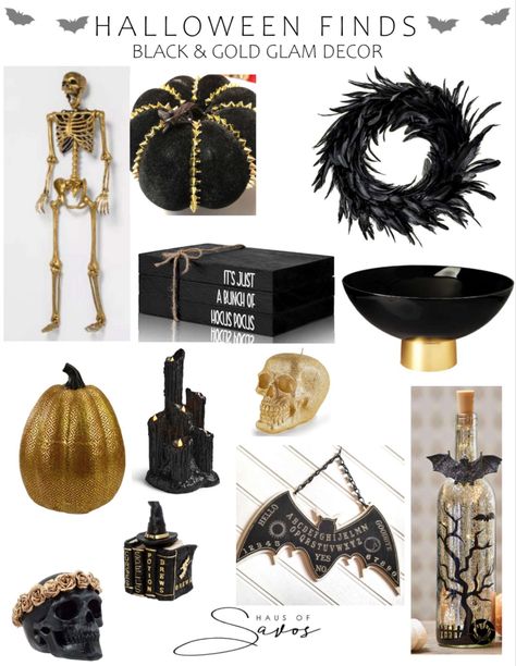 Black Gold Silver Halloween, Black White And Gold Halloween Decor, Copper Halloween Decor, Glamour Halloween Decor, Gold Skeleton Decor, Black And Gold Halloween Decor, Black And Gold Fall Decor, Gold Halloween Decor, Glam Halloween Decor