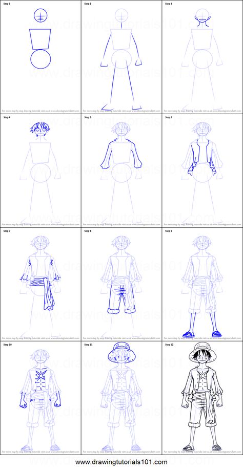 How to Draw Monkey D. Luffy Full Body from One Piece Printable Drawing Sheet by DrawingTutorials101.com How To Draw Luffy One Piece, How To Draw Anime Full Body Step By Step, Luffy Full Body Drawing, One Piece Drawing Tutorial, One Peice Anime Drawings, Anime How To Draw Step By Step, Luffy Drawing Tutorial, How To Draw Luffy Step By Step, How To Draw One Piece