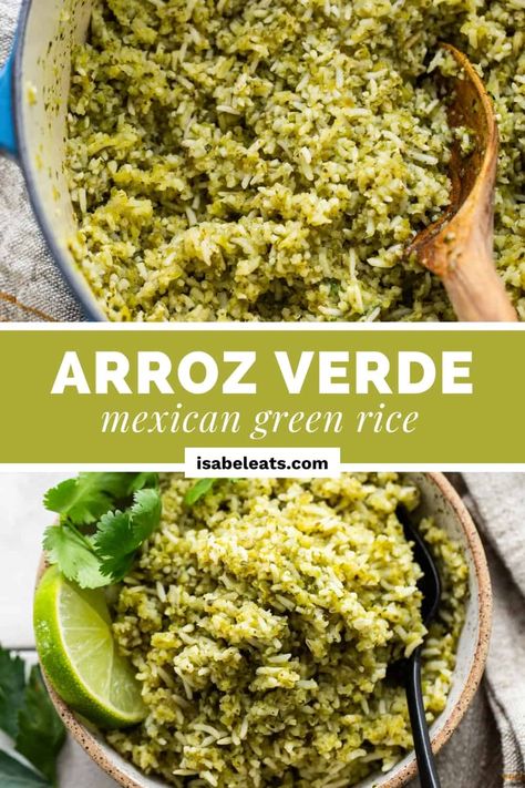 Mix up your Mexican dinners with this arroz verde! Light and fluffy rice meets rich and earthy flavors from roasted poblanos, parsley, cilantro, and other delicious ingredients. It's perfect as a side dish, in burritos, or burrito bowls. Coconut Tortillas, Mexican Side Dish, Rice Sides, Fly Clothing, Mexican Dinners, Isabel Eats, Mexican Side, Mexican Stuffed Peppers, Mexican Rice Easy