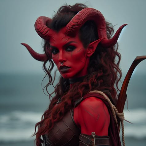 Red Skin Character, Female Demon Costume, Tiefling Makeup, Red Tiefling Woman, Red Demon Makeup, Red Tiefling Female, Red Hair Yellow Eyes, Incubus Art, Tiefling Cosplay