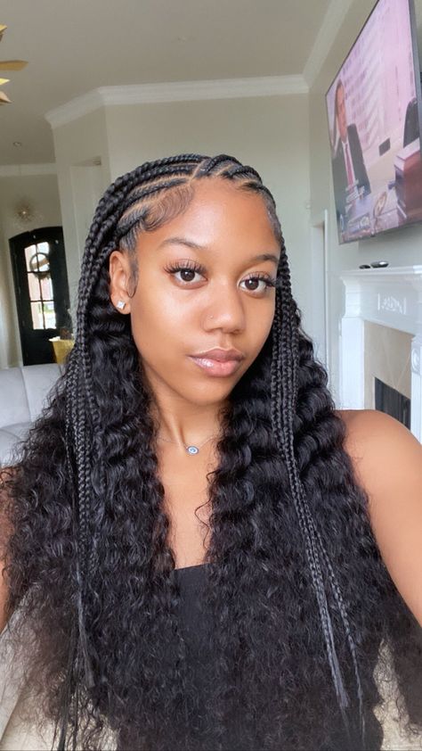 Fulani Braids With Hair Out, Braid Up Down Hairstyles, Braided Front And Curly Back, Feed In Braids Sew In Back, Cornrows With Loose Hair, Cornrows With Bohemian Braids, Braids In Front Curls In Back Natural Hair, Corn Row Front Sew In Back, Canerow Front And Sew In Back