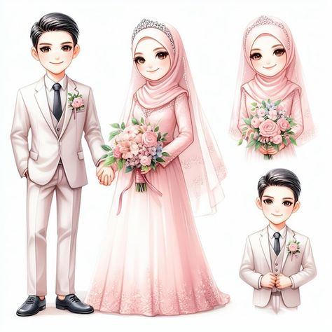 Animasi Wedding Muslim, Wedding Cartoon Muslim, Muslim Wedding Couple, Pose Pengantin, Cartoon Wedding, 2d Illustration, Wedding Muslim, Hijab Cartoon, Couple Illustration