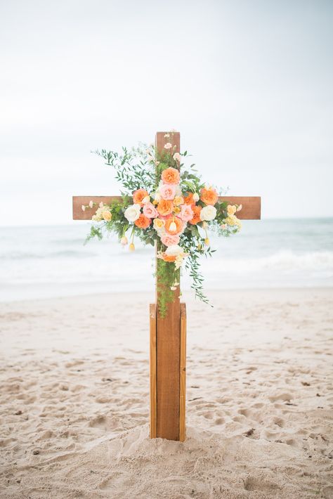 cross! Ceremony Cross, Bride Ceremony, Beachy Wedding, Wedding Cross, Wedding Altars, Wedding Ceremony Backdrop, Beach Ceremony, Wedding Ceremony Flowers, Ceremony Flowers