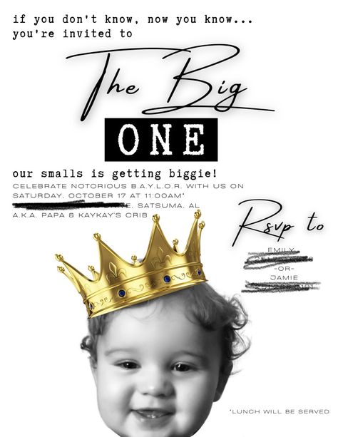 Unique One Birthday Theme, First Birthday Small Party Ideas, The Biggie One Birthday, Biggie Themed Birthday Party, Boy Birthday Parties 1st, Funny 1st Birthday Theme, Biggie Birthday Theme, Birthday Boy 1st Birthday Ideas, Biggy Smalls First Birthday