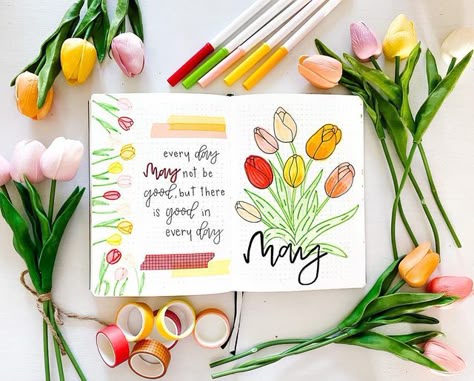 Jaclyn Toms on Instagram: "May monthly cover page 💐🌷Who is ready for everything tulip?🌷 💐 I saw many people doing tulips for April which gave me such great inspiration for May! #maybulletjournal #tulipbulletjournal #tulips #bulletjournal #planwithme #journaling #bujo #bulletjournalcommunity #bulletjournalling #monthlyspread #bujospread #2022planner #showmeyourplanner #bujocommunity #bujomonthly #habittracker #moodtracker" Monthly Cover Page, May Bullet Journal, Bullet Journal Month, Bullet Journal Mood Tracker Ideas, Bullet Journal Paper, Bulletin Journal Ideas, Diy Journal Books, Bullet Journal Mood, Bullet Journal Diy