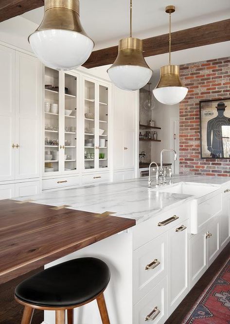 Kitchen Island With White Countertop, Kitchen Island Ideas Wood And Marble, Kitchen Island Wood Extension, Wood Island Extension, Kitchen Island With Two Different Countertops, Marble And Wood Kitchen Island, Wood And Marble Island Top, Marble And Wood Island, Kitchen Island Marble And Wood