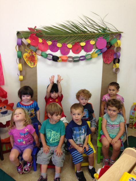 Preschool classroom Sukkah... Indoor Sukkah Ideas, Sukkah Crafts For Kids, Sukkah Decorations Kids, Sukkot Crafts For Toddlers, Classroom Sukkah, Rosh Hashanah Preschool, Sukkot Activities Preschool, Sukkot Preschool Activities, Rosh Hashanah Crafts Preschool