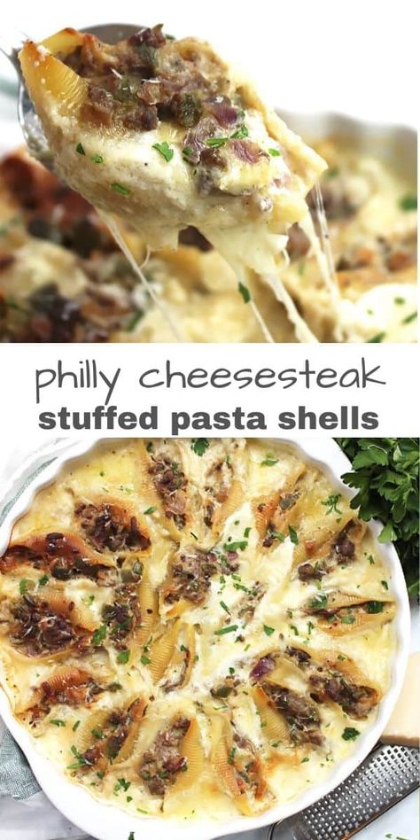 These Philly cheesesteak stuffed pasta shells are a delicious and easy one pot meal that comes together quickly and easily. Pasta shells are stuffed with seasoned ground beef, onions and green pepper and baked in a creamy provolone cheese sauce. Made with simple ingredients, it's a great family weeknight meal. #phillycheesesteak #stuffedpastashells #provolonecheeserecipe Philly Cheesesteak Shells, Philly Stuffed Shells, Ground Beef Recipes Jumbo Shells, Cheesesteak Dinner Ideas, Stuffed Shells Philly Cheesesteak, Recipes With Large Shell Pasta, Stuffed Shells Ideas, Philly Cheesesteak Stuffed Shells, Beef Stuffed Shells Recipe