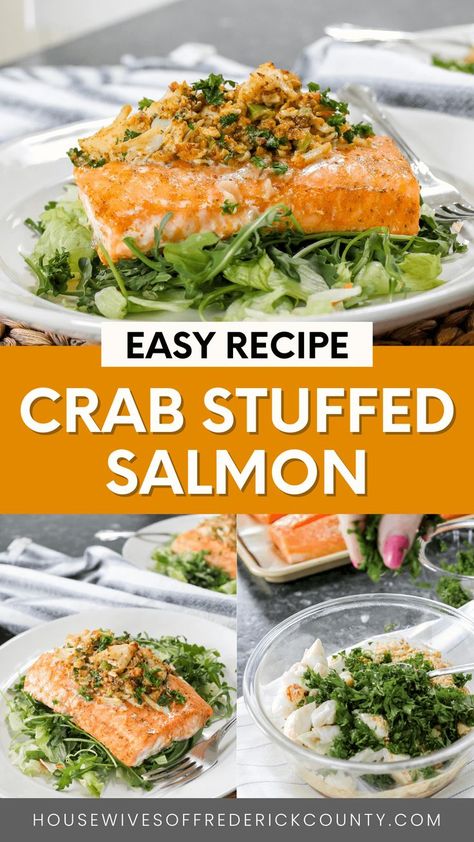 crab stuffed salmon recipe Recipes With Crab Meat, Salmon Stuffed With Crab, Crab Stuff Salmon Recipes, Stuffed Salmon Recipe, Crab Stuffed Salmon, Lump Crab Meat, Stuffed Salmon, Crab Meat Recipes, Crab Dishes