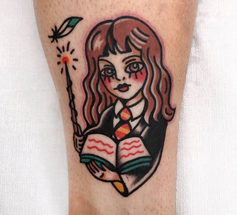 Traditional Barbie Tattoo, Traditional Tattoos Harry Potter, Harry Potter Traditional Tattoo, Traditional Harry Potter Tattoo, Hermione Tattoo, Funny Traditional Tattoos, Traditional Tattoo Band, Old School Traditional Tattoo, Hp Tattoo