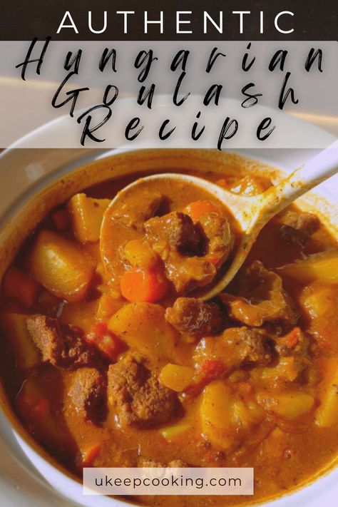 Authentic Hungarian Goulash Recipe—this hearty beef stew made with tender beef, carrots, potatoes, and rich Hungarian paprika can be made in the crockpot, Instant Pot, or stovetop for convenience. It's a flavorful, comforting meal perfect for any occasion, delivering bold, savory flavors in every bite. Authentic Hungarian Goulash, Hungarian Beef Goulash, Hungarian Goulash, Stews Recipes, Hungarian Paprika, Goulash Recipe, Beef Goulash, Carrots Potatoes, Hearty Beef Stew