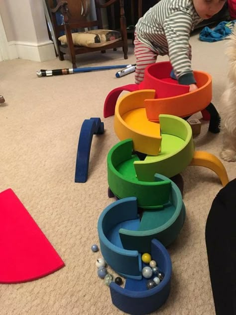 Wooden Rainbow Stacker Ideas, Rainbow Stacker Ideas, Diy Grimms Toys, Wooden Rainbow Ideas, Grimms Wooden Toys, Grimms Rainbow Ideas, Grimms Rainbow, Grimm's Toys, Marble Tracks