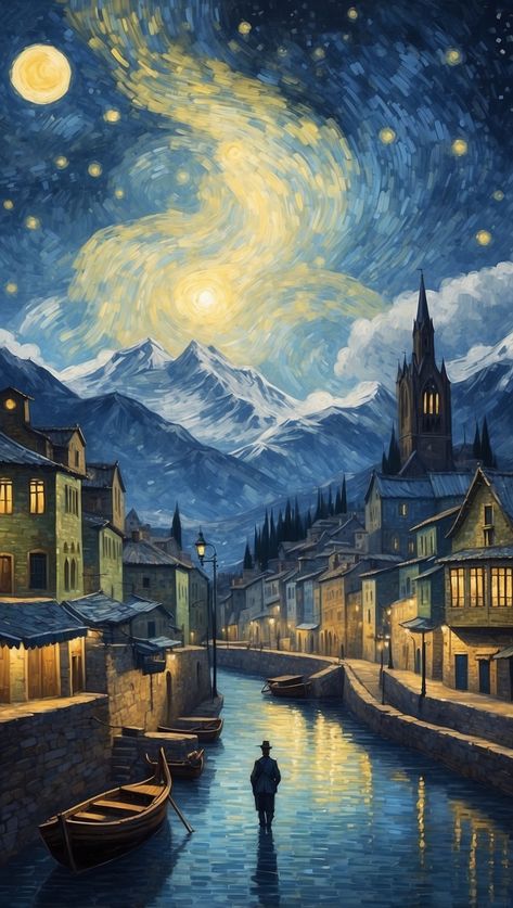 🟦 "Starry Night Serenade" Beneath a swirling Van Gogh sky, the enchanting town sleeps as mountains stand guard. Golden lights reflect on the serene canal, where a lone figure and moored boats find solace in the silent night. An artwork that whispers tales of peace and timeless beauty. #StarryNightSerenade #midjourney #ia #wallart #wallpaper #digitalart #aestheticskynightcity #vibes #impressionism #fauvism @aestheticskylightcity @mysticpeakdraw @carvethevibrant @mistermintdrop @retrosynthl... The Starry Night Background, Starry Night Painting Wallpaper, Start Night Van Gogh Wallpaper, Van Gogh Starry Night Poster, Stray Night Van Gogh, Van Gogh Wallpaper, Starry Night Wallpaper, Starry Night Art, Starry Night Van Gogh