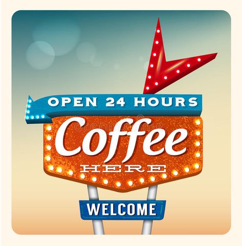 Retro Neon Sign Coffee. Lettering in the style of American roadside advertising #Sponsored , #ad, #Paid, #Sign, #Retro, #roadside, #Coffee Roadside Motel, Forney Texas, Vintage Coffee Shops, Roadside Signs, Coffee Doodle, Coffee Words, Retro Signs, Coffee Stock, Coffee Icon