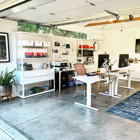 Studio Garage Ideas, Garage Conversion Art Studio, Modern Garage Office, Feminine Garage Ideas, Turn Garage Into Office Space, Office Garage Conversion, Garage Creative Space, Garage Design Studio, Woman Garage Ideas