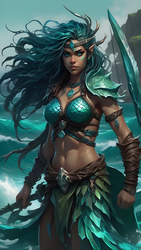 Nyralith Vashra, a Triton barbarian female D&D character... Ai genereted  by DasAbra Triton Barbarian, Triton Character Design, Mermaid Warrior, Water Warrior, Water Moon, Warrior Female, Pastel Iphone Wallpaper, Captivating Eyes, Mermaid Outfit