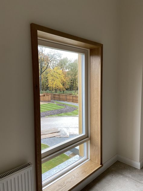 Jamb Extension Window Trim, Wood Framed Windows Interiors, Stained Window Sill With White Trim, Wooden Framed Windows, Window Frame Wood, Oak Window Trim, Wood Around Windows Interior, Natural Wood Window Sill, Wood Frame Windows