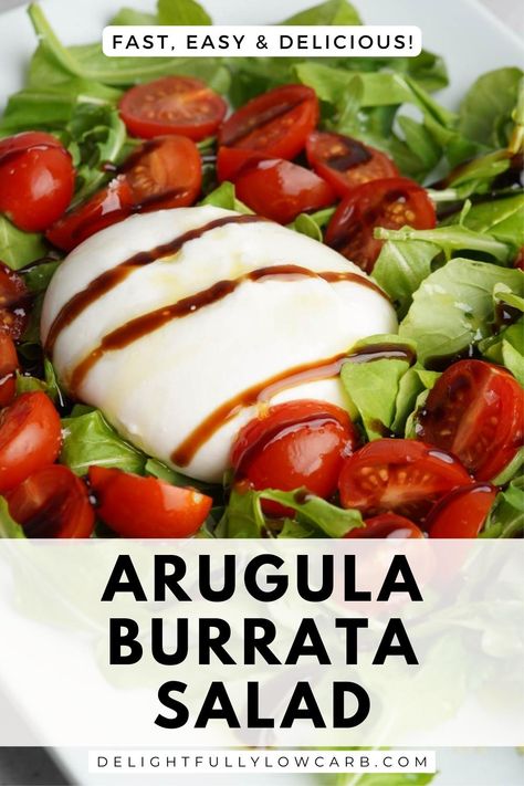 Enjoy a burst of vibrant and vegetarian-friendly flavors in this Arugula Burrata Salad by combining fresh ingredients like peppery arugula, sweet cherry tomatoes, and creamy burrata cheese. Arugula Burrata Salad, Burrata Recipe, Ground Beef And Broccoli, Pesto Dressing, Burrata Salad, Burrata Cheese, Low Carb Salad, Low Carb Meal Plan, Healthy Breakfast Recipes Easy