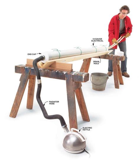 Q & A: Steam Bending Gear   Q: What do I need to know before building a simple steam-bending rig?   A: Steam bending doesn’t require sophisticated equipment. For a single bending project, you can quickly cobble together an apparatus from ordinary materials. The box. Build a box that fits your pieces out of any untreated solid wood or exterior plywood. Add a hinged or lift-off lid, but don’t make … Steam Bending, Steam Bending Wood, How To Bend Wood, Woodworking Patterns, Woodworking Magazine, Diy Holz, Popular Woodworking, Homemade Tools, Wood Tools